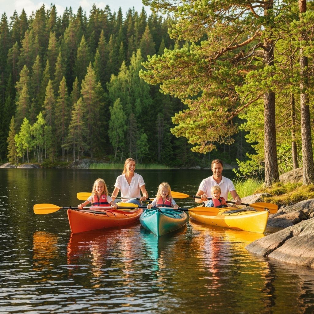 Familj som paddlar kajak i Söderhamns skärgård